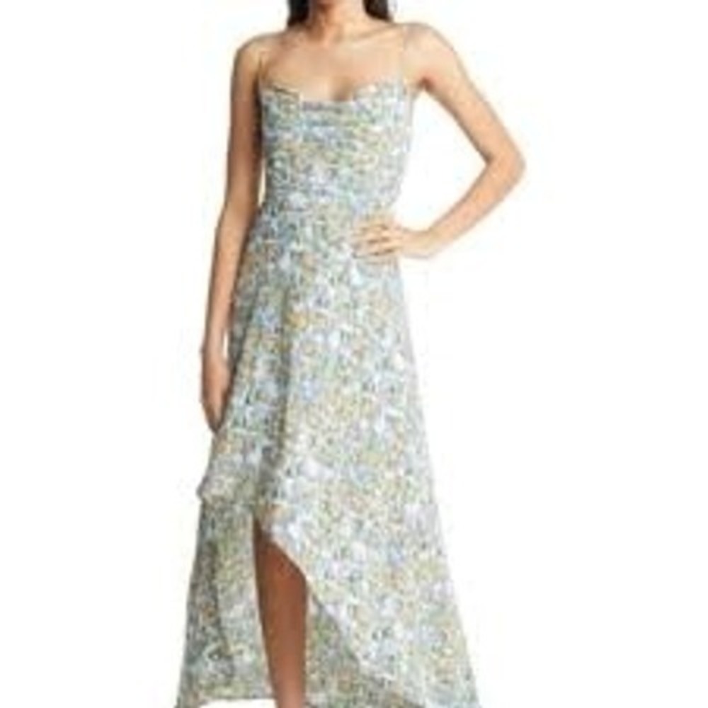 Floret Studios Floral Midi Dress Womens XL Lined Asymmetrical Cowl Neck High Low